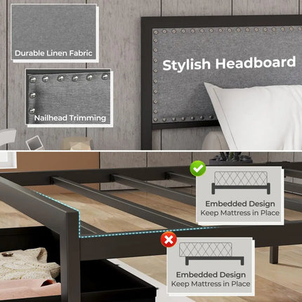Full/Queen/Twin Size Bed Frame with LED Lights Drawer and Metal Slats-Twin Size - Gray - Simple Bed Frame