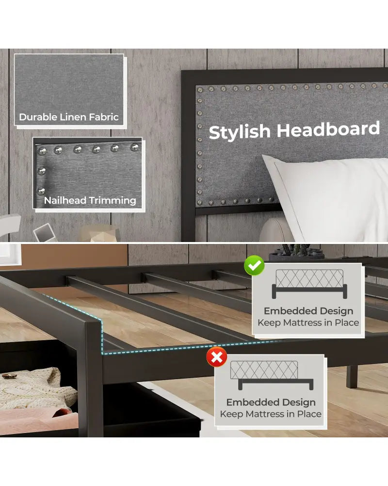 Full/Queen/Twin Size Bed Frame with LED Lights Drawer and Metal Slats-Twin Size - Gray - Simple Bed Frame