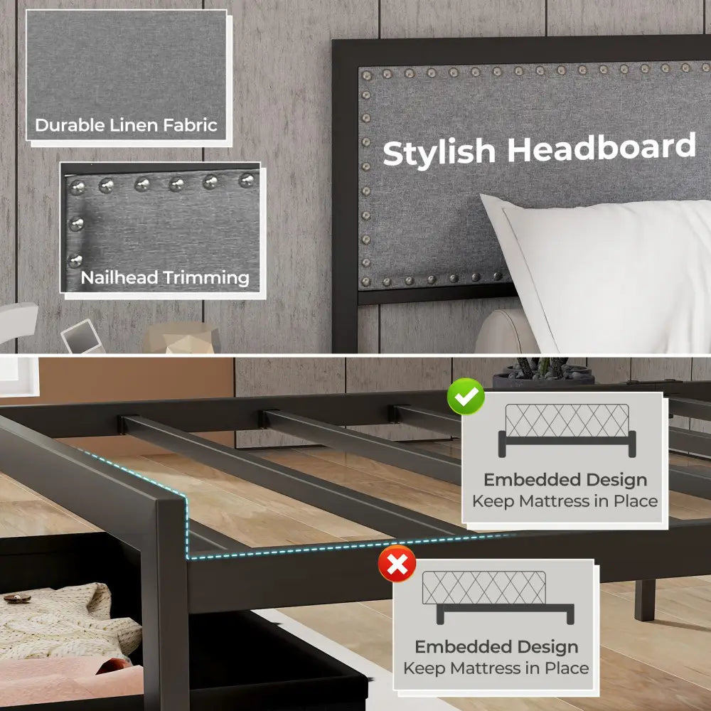 Full/Queen/Twin Size Bed Frame with LED Lights Drawer and Metal Slats-Twin Size - Gray - Simple Bed Frame