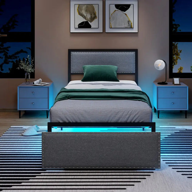 Full/Queen/Twin Size Bed Frame with LED Lights Drawer and Metal Slats-Twin Size - Gray - Simple Bed Frame