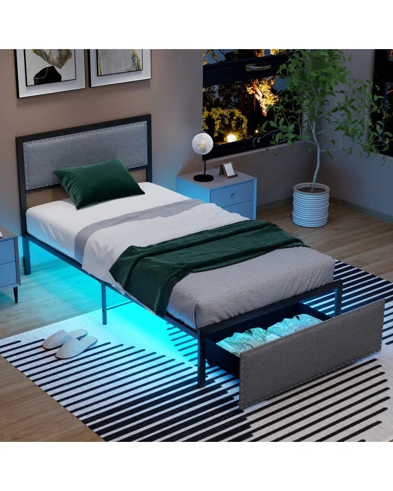 Full/Queen/Twin Size Bed Frame with LED Lights Drawer and Metal Slats-Twin Size - Gray - Simple Bed Frame