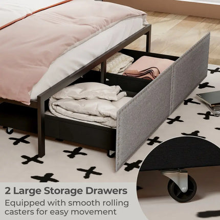 Full/Queen/Twin Size Bed Frame with LED Lights Drawer and Metal Slats-Queen Size - Gray - Simple Bed Frame