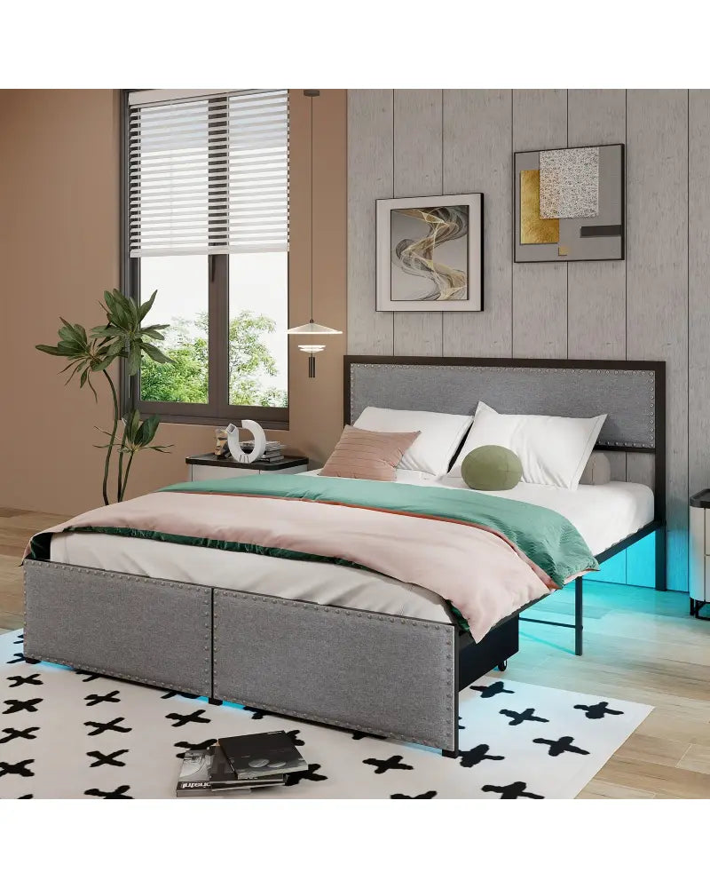 Full/Queen/Twin Size Bed Frame with LED Lights Drawer and Metal Slats-Queen Size - Gray - Simple Bed Frame