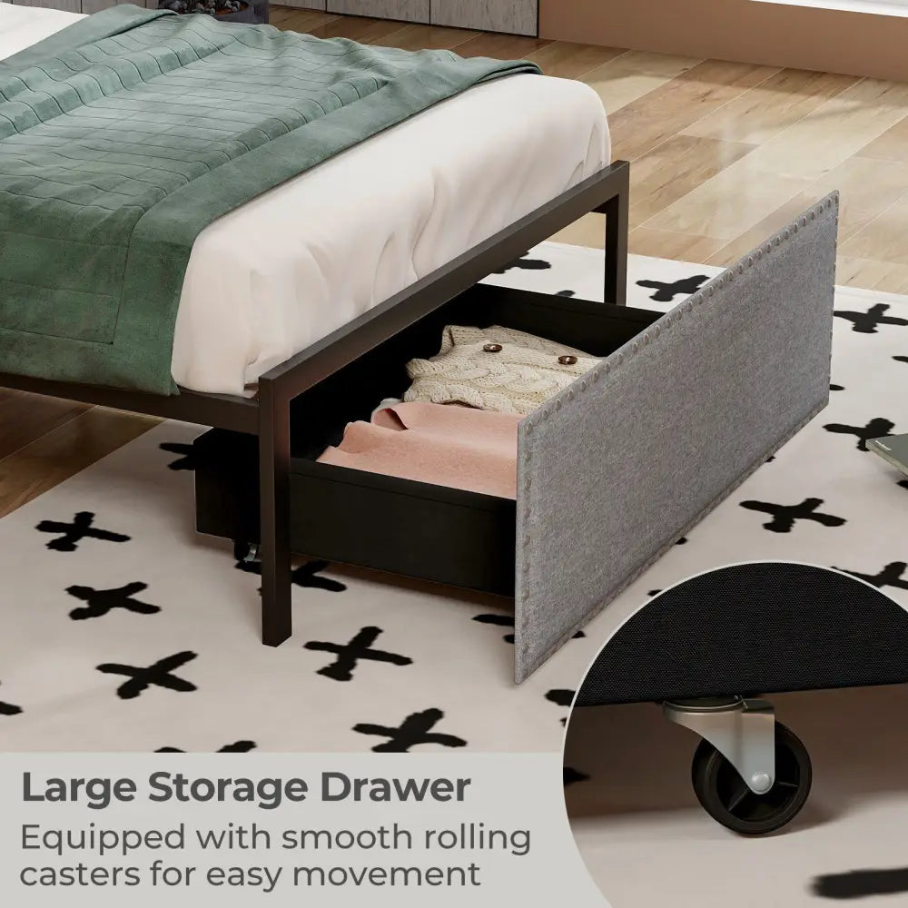 Full/Queen/Twin Size Bed Frame with LED Lights Drawer and Metal Slats-Twin Size - Gray - Simple Bed Frame