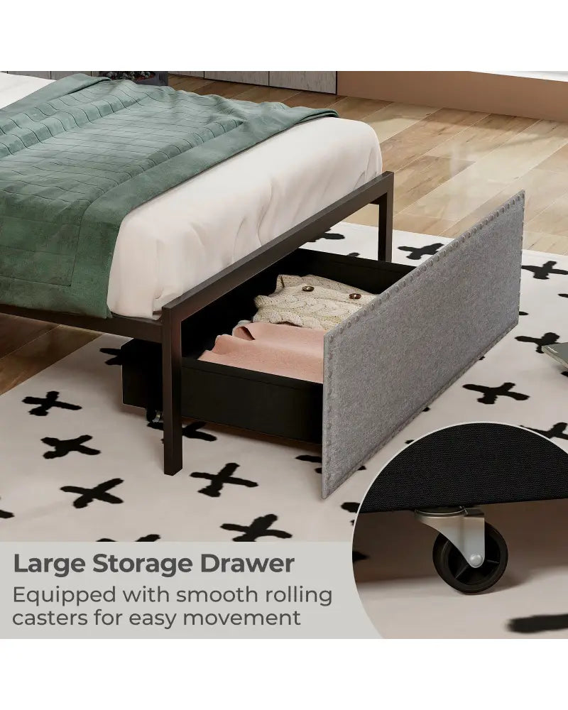 Full/Queen/Twin Size Bed Frame with LED Lights Drawer and Metal Slats-Twin Size - Gray - Simple Bed Frame