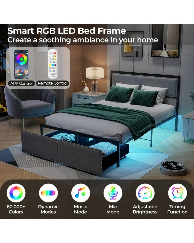 Full/Queen/Twin Size Bed Frame with LED Lights Drawer and Metal Slats-Full Size - Gray - Simple Bed Frame
