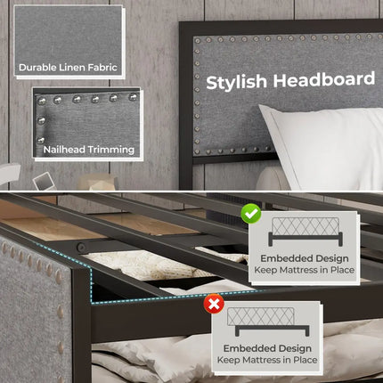 Full/Queen/Twin Size Bed Frame with LED Lights Drawer and Metal Slats-Queen Size - Gray - Simple Bed Frame