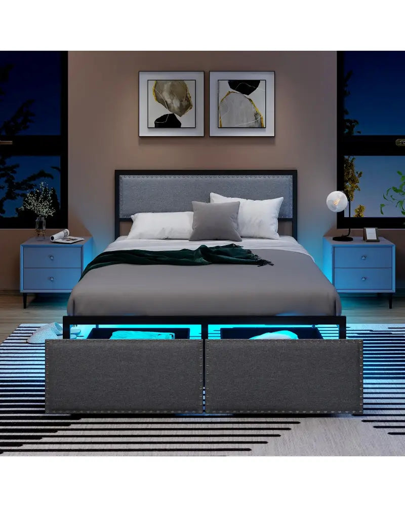 Full/Queen/Twin Size Bed Frame with LED Lights Drawer and Metal Slats-Full Size - Gray - Simple Bed Frame