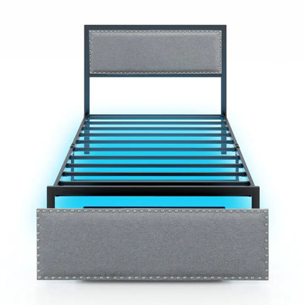 Full/Queen/Twin Size Bed Frame with LED Lights Drawer and Metal Slats-Twin Size - Gray - Simple Bed Frame