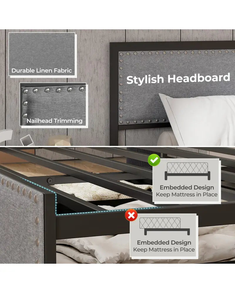 Full/Queen/Twin Size Bed Frame with LED Lights Drawer and Metal Slats-Full Size - Gray - Simple Bed Frame