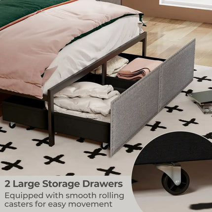 Full/Queen/Twin Size Bed Frame with LED Lights Drawer and Metal Slats-Full Size - Gray - Simple Bed Frame