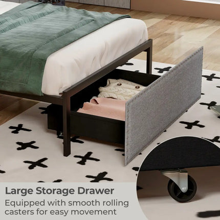 Full/Queen/Twin Size Bed Frame with LED Lights Drawer and Metal Slats-Twin Size - Gray - Simple Bed Frame