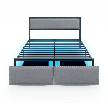 Full/Queen/Twin Size Bed Frame with LED Lights Drawer and Metal Slats-Queen Size - Gray - Simple Bed Frame