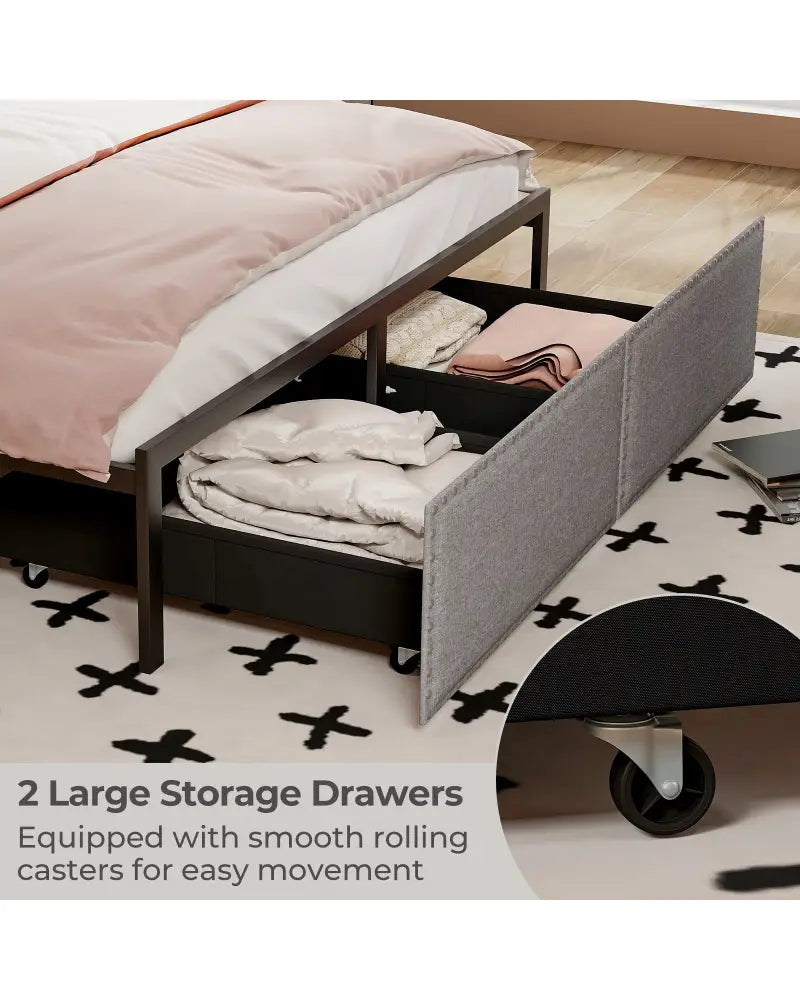 Full/Queen/Twin Size Bed Frame with LED Lights Drawer and Metal Slats-Queen Size - Gray - Simple Bed Frame