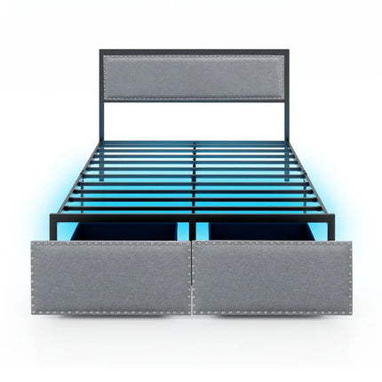 Full/Queen/Twin Size Bed Frame with LED Lights Drawer and Metal Slats-Full Size - Gray - Simple Bed Frame