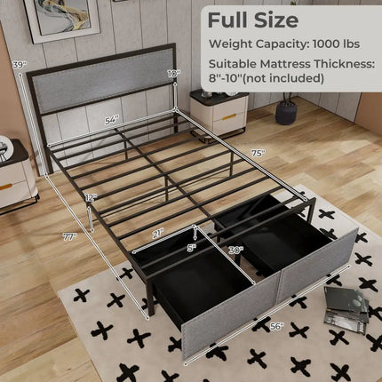 Full/Queen/Twin Size Bed Frame with LED Lights Drawer and Metal Slats-Full Size - Gray - Simple Bed Frame