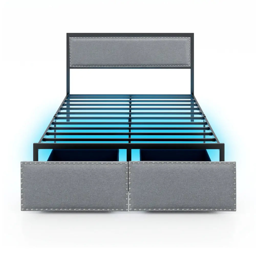 Full/Queen/Twin Size Bed Frame with LED Lights Drawer and Metal Slats-Full Size - Gray - Simple Bed Frame
