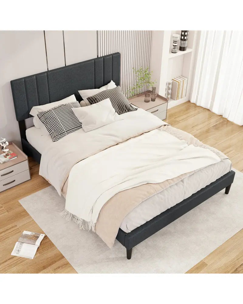 Full/Queen/Twin Size Bed Frame with Vertical Channel Tufted Headboard and Wooden Slats-Queen Size - Gray - Simple Bed