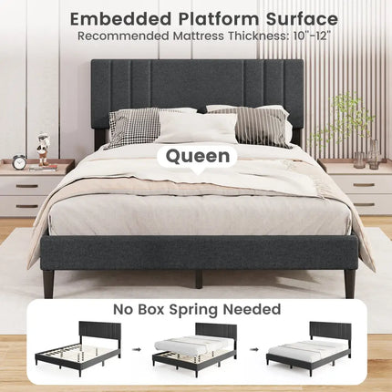 Full/Queen/Twin Size Bed Frame with Vertical Channel Tufted Headboard and Wooden Slats-Queen Size - Gray - Simple Bed