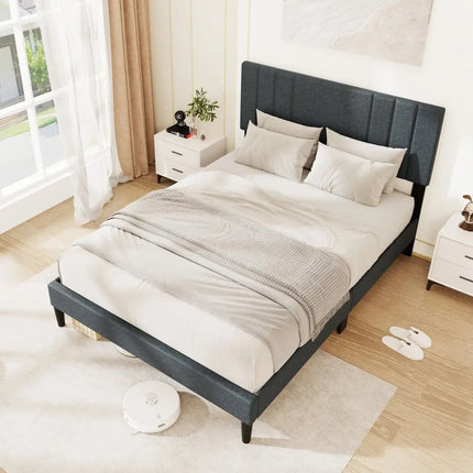 Full/Queen/Twin Size Bed Frame with Vertical Channel Tufted Headboard and Wooden Slats-Full Size - Gray - Simple Bed