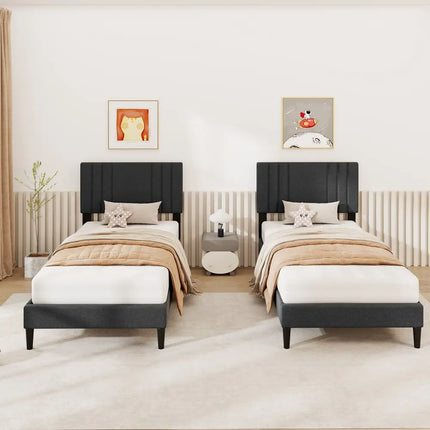 Full/Queen/Twin Size Bed Frame with Vertical Channel Tufted Headboard and Wooden Slats-Twin Size - Gray - Simple Bed