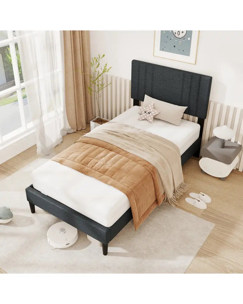 Full/Queen/Twin Size Bed Frame with Vertical Channel Tufted Headboard and Wooden Slats-Twin Size - Gray - Simple Bed
