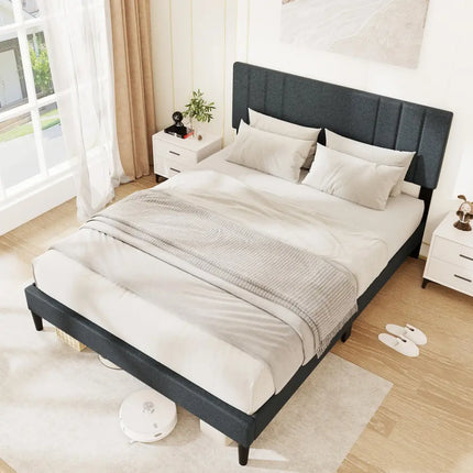 Full/Queen/Twin Size Bed Frame with Vertical Channel Tufted Headboard and Wooden Slats-Queen Size - Gray - Simple Bed