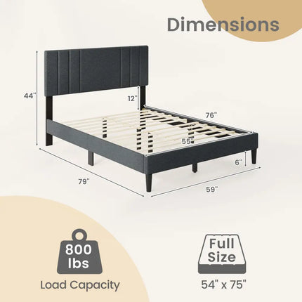 Full/Queen/Twin Size Bed Frame with Vertical Channel Tufted Headboard and Wooden Slats-Full Size - Gray - Simple Bed