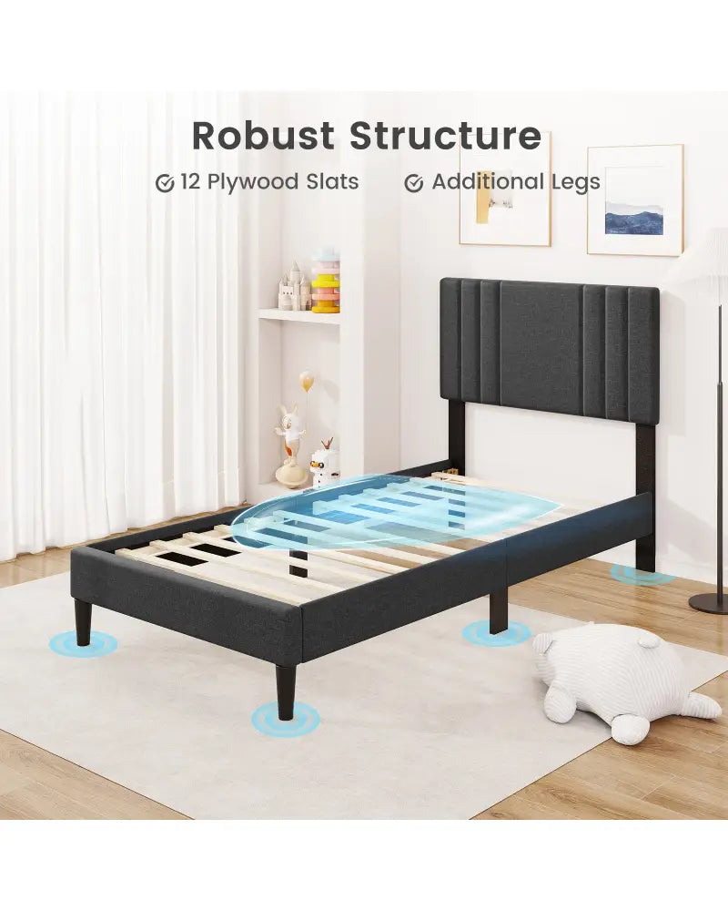 Full/Queen/Twin Size Bed Frame with Vertical Channel Tufted Headboard and Wooden Slats-Twin Size - Gray - Simple Bed