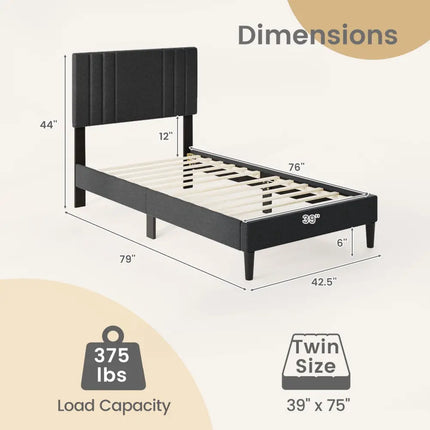 Full/Queen/Twin Size Bed Frame with Vertical Channel Tufted Headboard and Wooden Slats-Twin Size - Gray - Simple Bed