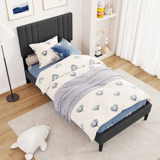 Full/Queen/Twin Size Bed Frame with Vertical Channel Tufted Headboard and Wooden Slats-Twin Size - Gray - Simple Bed
