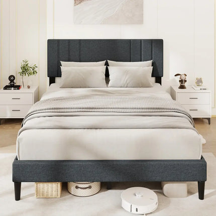 Full/Queen/Twin Size Bed Frame with Vertical Channel Tufted Headboard and Wooden Slats-Queen Size - Gray - Simple Bed