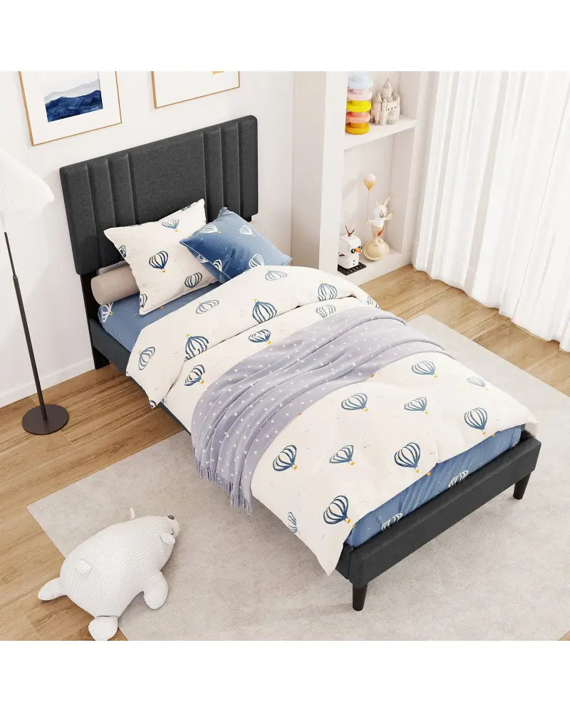 Full/Queen/Twin Size Bed Frame with Vertical Channel Tufted Headboard and Wooden Slats-Twin Size - Gray - Simple Bed