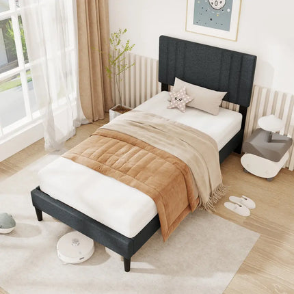 Full/Queen/Twin Size Bed Frame with Vertical Channel Tufted Headboard and Wooden Slats-Twin Size - Gray - Simple Bed