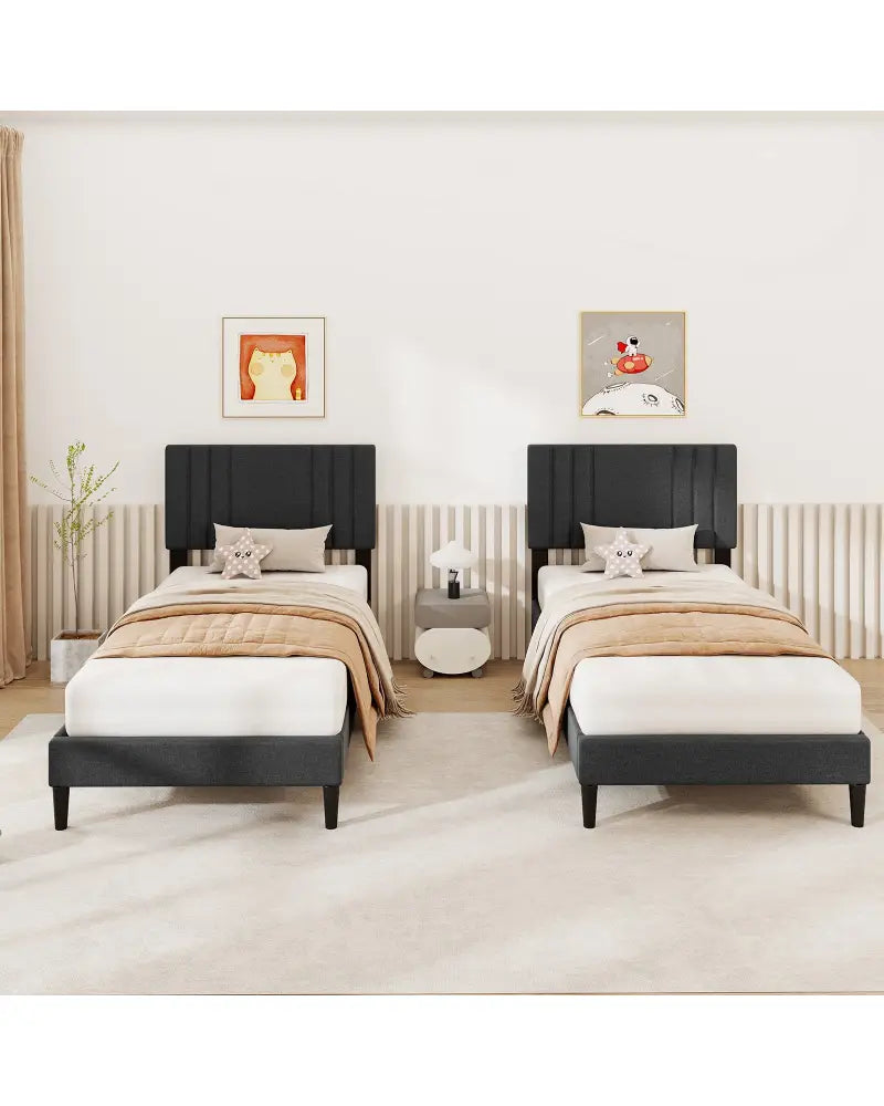 Full/Queen/Twin Size Bed Frame with Vertical Channel Tufted Headboard and Wooden Slats-Twin Size - Gray - Simple Bed