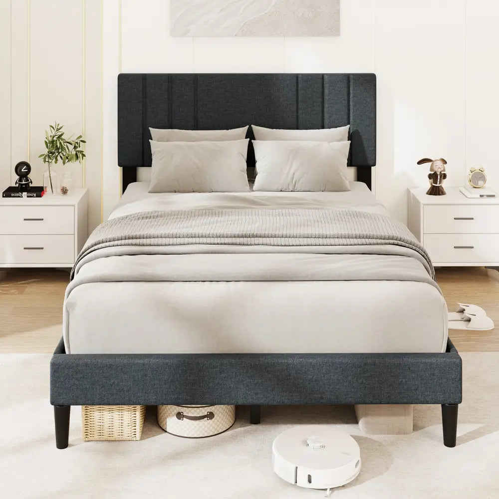Full/Queen/Twin Size Bed Frame with Vertical Channel Tufted Headboard and Wooden Slats-Full Size - Gray - Simple Bed