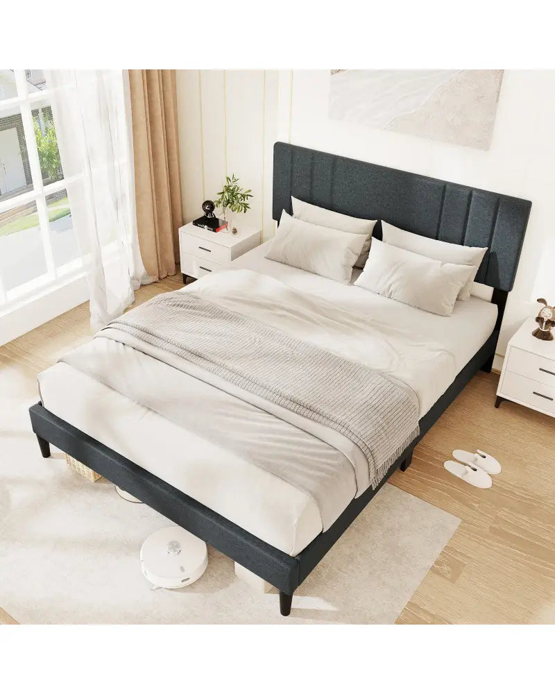 Full/Queen/Twin Size Bed Frame with Vertical Channel Tufted Headboard and Wooden Slats-Queen Size - Gray - Simple Bed