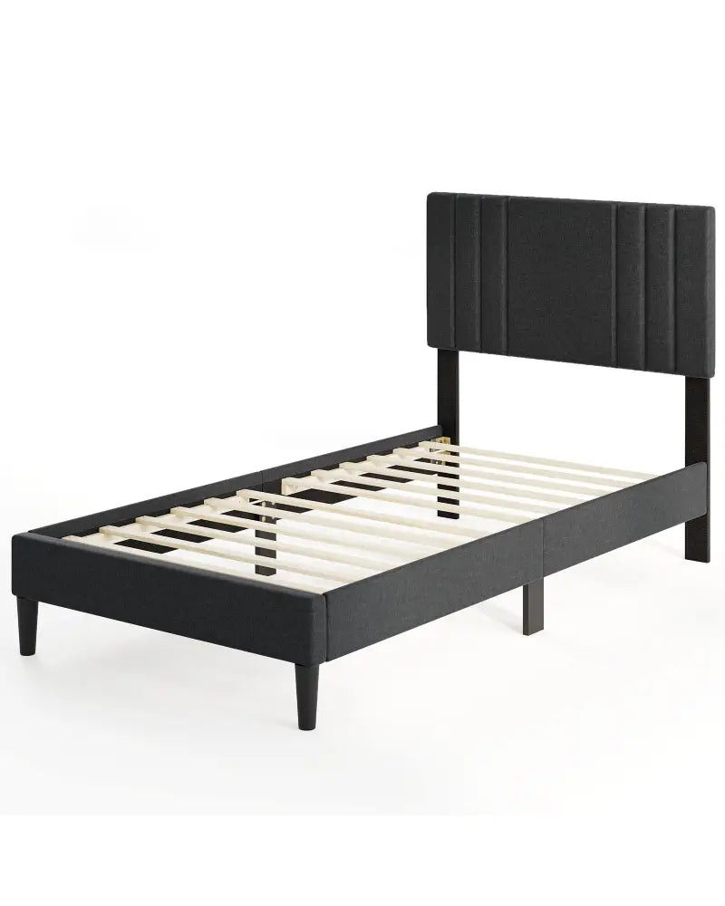 Full/Queen/Twin Size Bed Frame with Vertical Channel Tufted Headboard and Wooden Slats-Twin Size - Gray - Simple Bed
