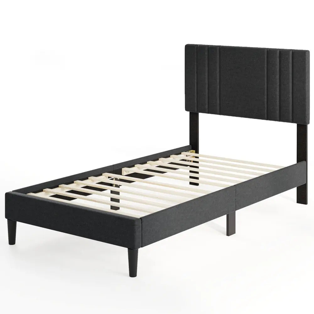 Full/Queen/Twin Size Bed Frame with Vertical Channel Tufted Headboard and Wooden Slats-Twin Size - Gray - Simple Bed