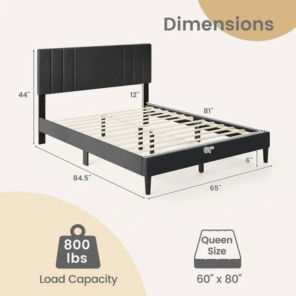 Full/Queen/Twin Size Bed Frame with Vertical Channel Tufted Headboard and Wooden Slats-Queen Size - Gray - Simple Bed