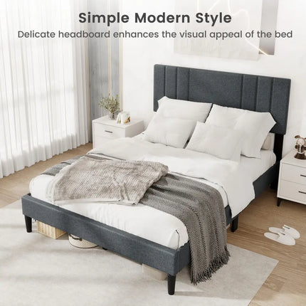 Full/Queen/Twin Size Bed Frame with Vertical Channel Tufted Headboard and Wooden Slats-Full Size - Gray - Simple Bed
