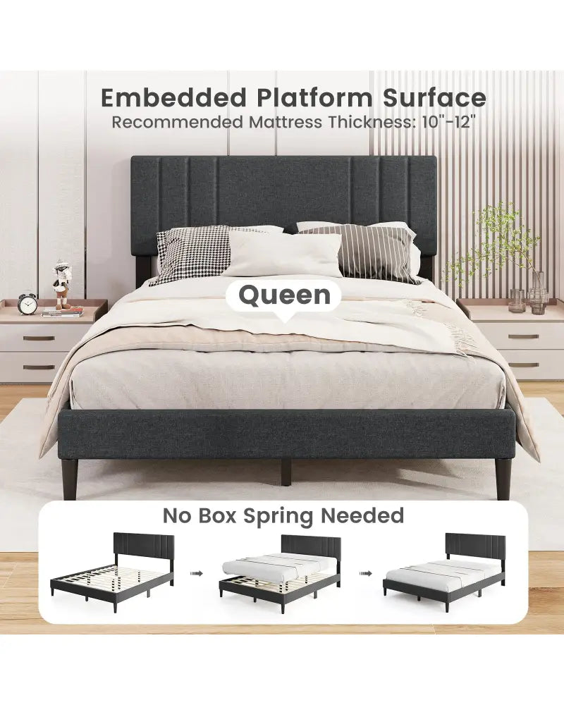 Full/Queen/Twin Size Bed Frame with Vertical Channel Tufted Headboard and Wooden Slats-Queen Size - Gray - Simple Bed