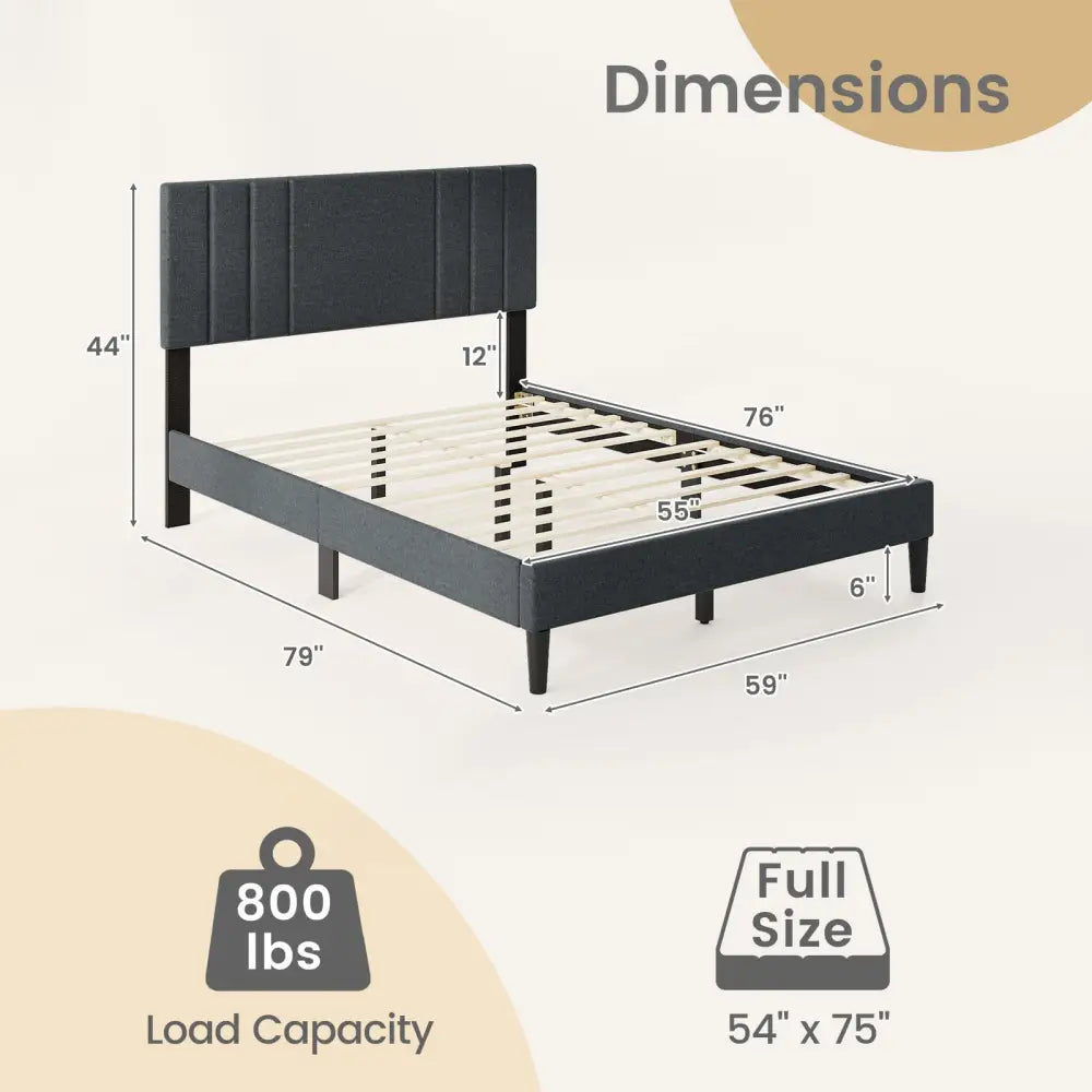 Full/Queen/Twin Size Bed Frame with Vertical Channel Tufted Headboard and Wooden Slats-Full Size - Gray - Simple Bed