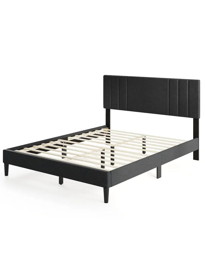 Full/Queen/Twin Size Bed Frame with Vertical Channel Tufted Headboard and Wooden Slats-Queen Size - Gray - Simple Bed