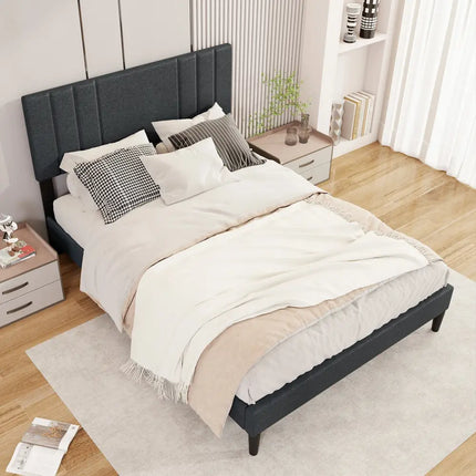 Full/Queen/Twin Size Bed Frame with Vertical Channel Tufted Headboard and Wooden Slats-Full Size - Gray - Simple Bed