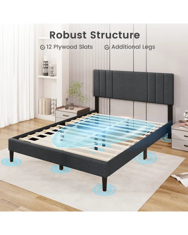 Full/Queen/Twin Size Bed Frame with Vertical Channel Tufted Headboard and Wooden Slats-Queen Size - Gray - Simple Bed