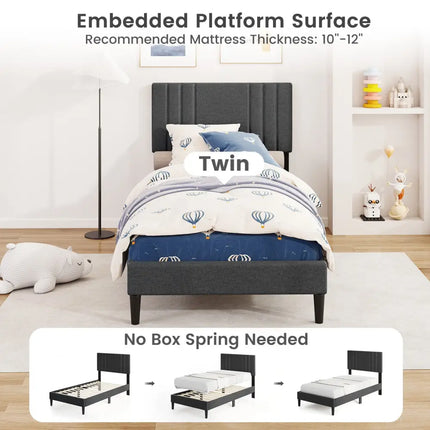 Full/Queen/Twin Size Bed Frame with Vertical Channel Tufted Headboard and Wooden Slats-Twin Size - Gray - Simple Bed