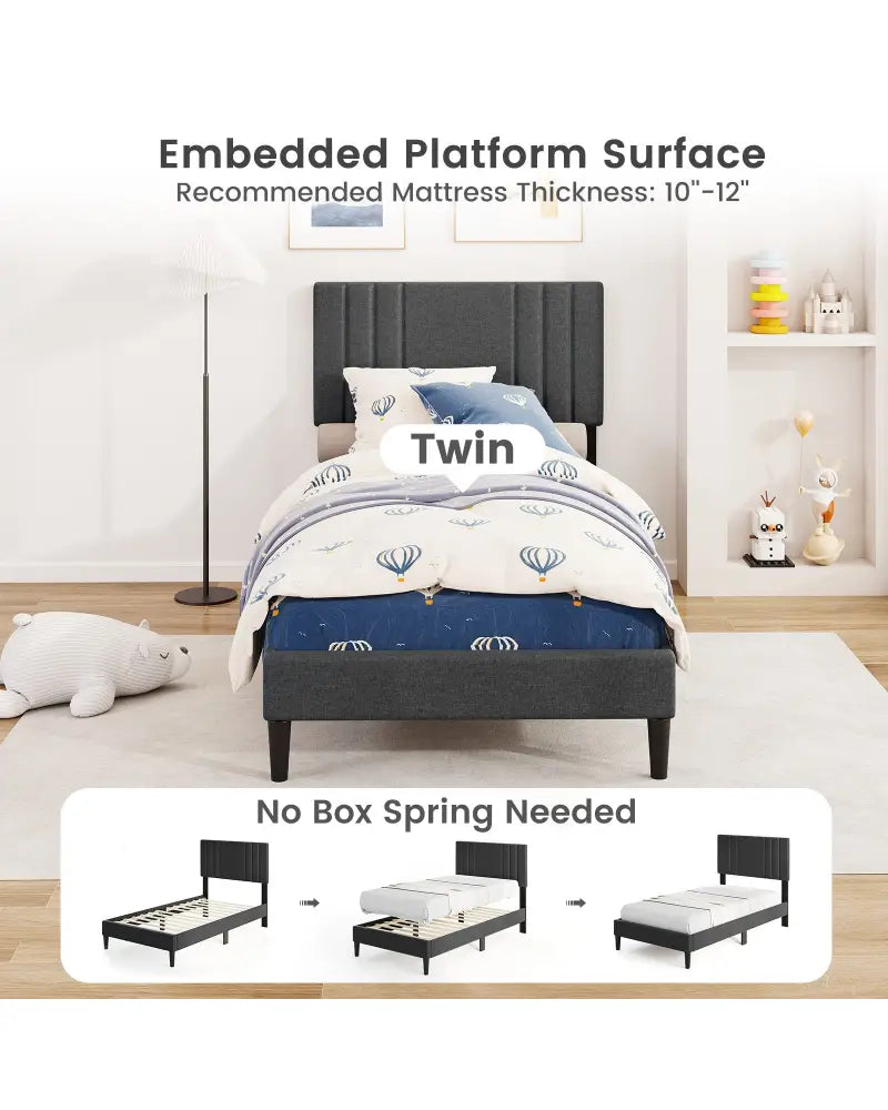 Full/Queen/Twin Size Bed Frame with Vertical Channel Tufted Headboard and Wooden Slats-Twin Size - Gray - Simple Bed