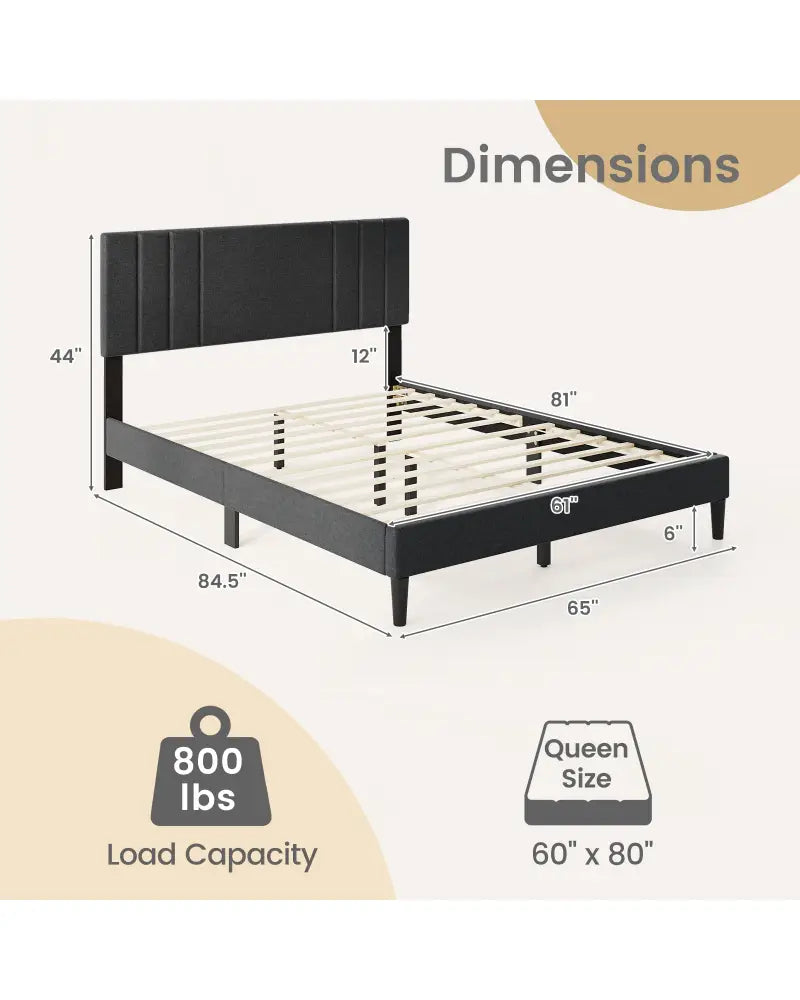 Full/Queen/Twin Size Bed Frame with Vertical Channel Tufted Headboard and Wooden Slats-Queen Size - Gray - Simple Bed