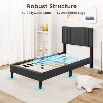 Full/Queen/Twin Size Bed Frame with Vertical Channel Tufted Headboard and Wooden Slats-Twin Size - Gray - Simple Bed